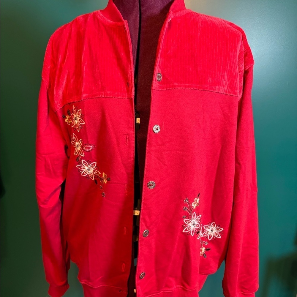 Alfred Dunner Red Jacket With Floral Embroidery
